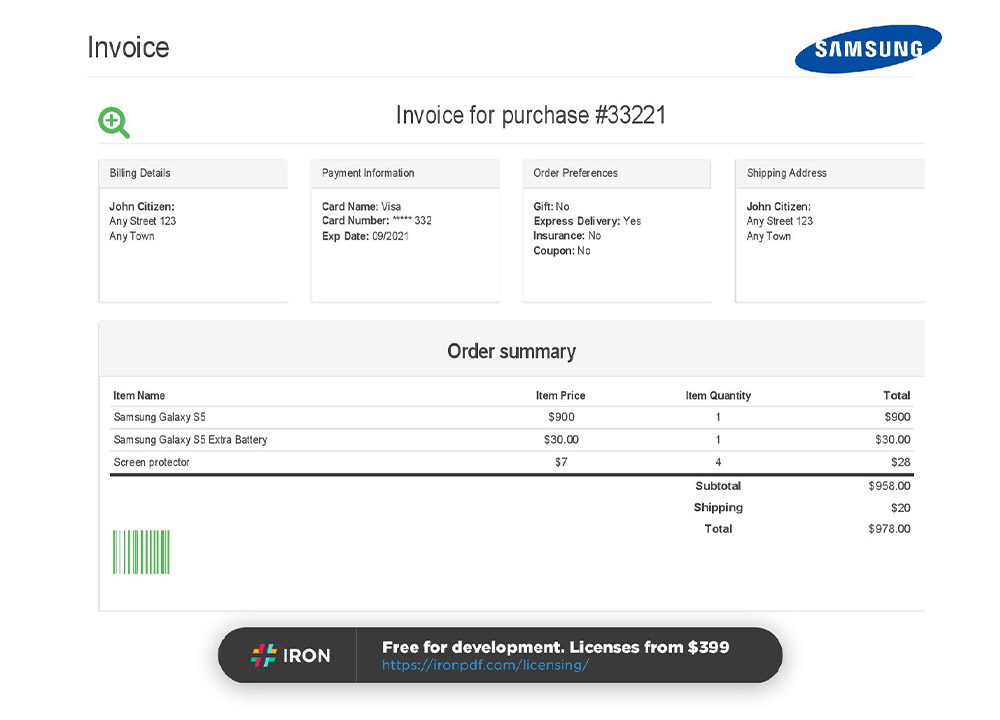 USA Samsung invoice PSD template